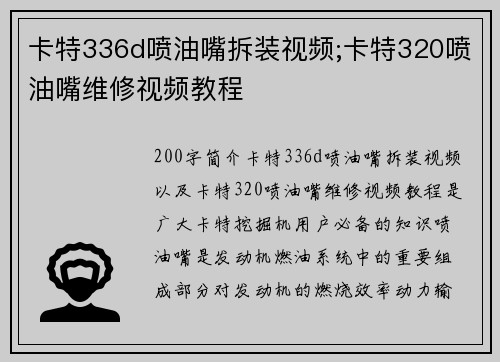 卡特336d喷油嘴拆装视频;卡特320喷油嘴维修视频教程