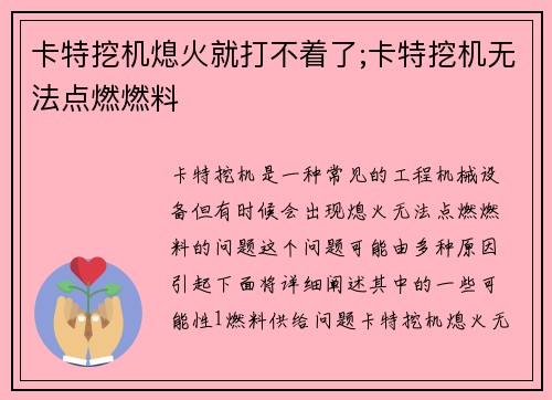 卡特挖机熄火就打不着了;卡特挖机无法点燃燃料