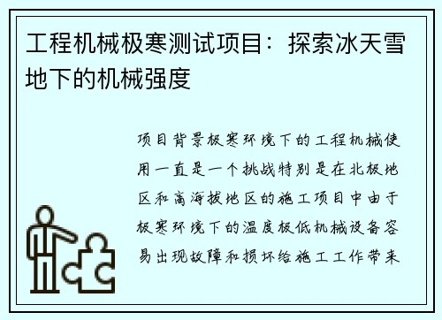 工程机械极寒测试项目：探索冰天雪地下的机械强度