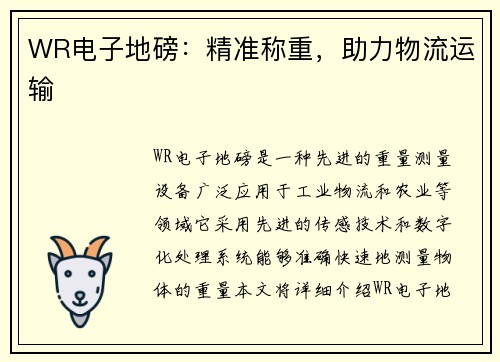 WR电子地磅：精准称重，助力物流运输